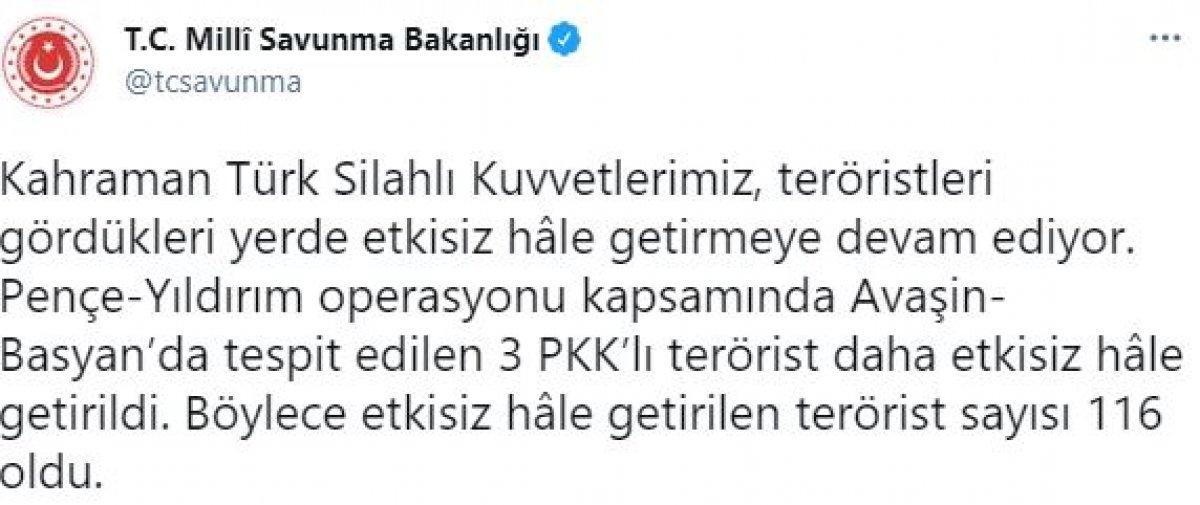 Avaşin-Basyan'da 3 PKK’lı terörist etkisiz hale getirildi