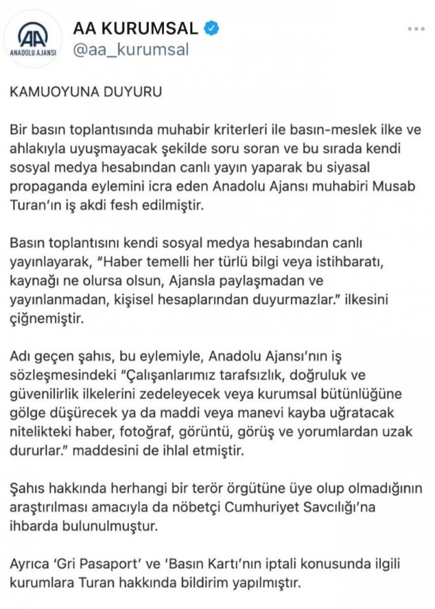 Anadolu Ajansı, Musab Turan’ın işine son verdi