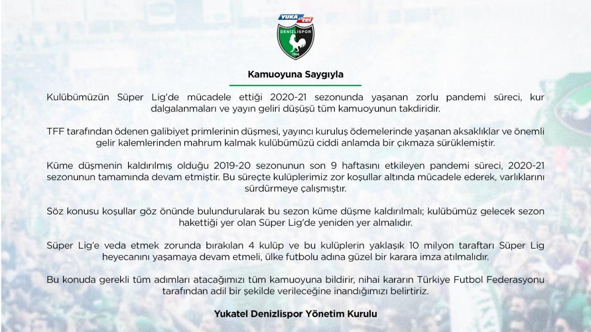 Denizlispor'dan küme düşme kaldırılsın başvurusu