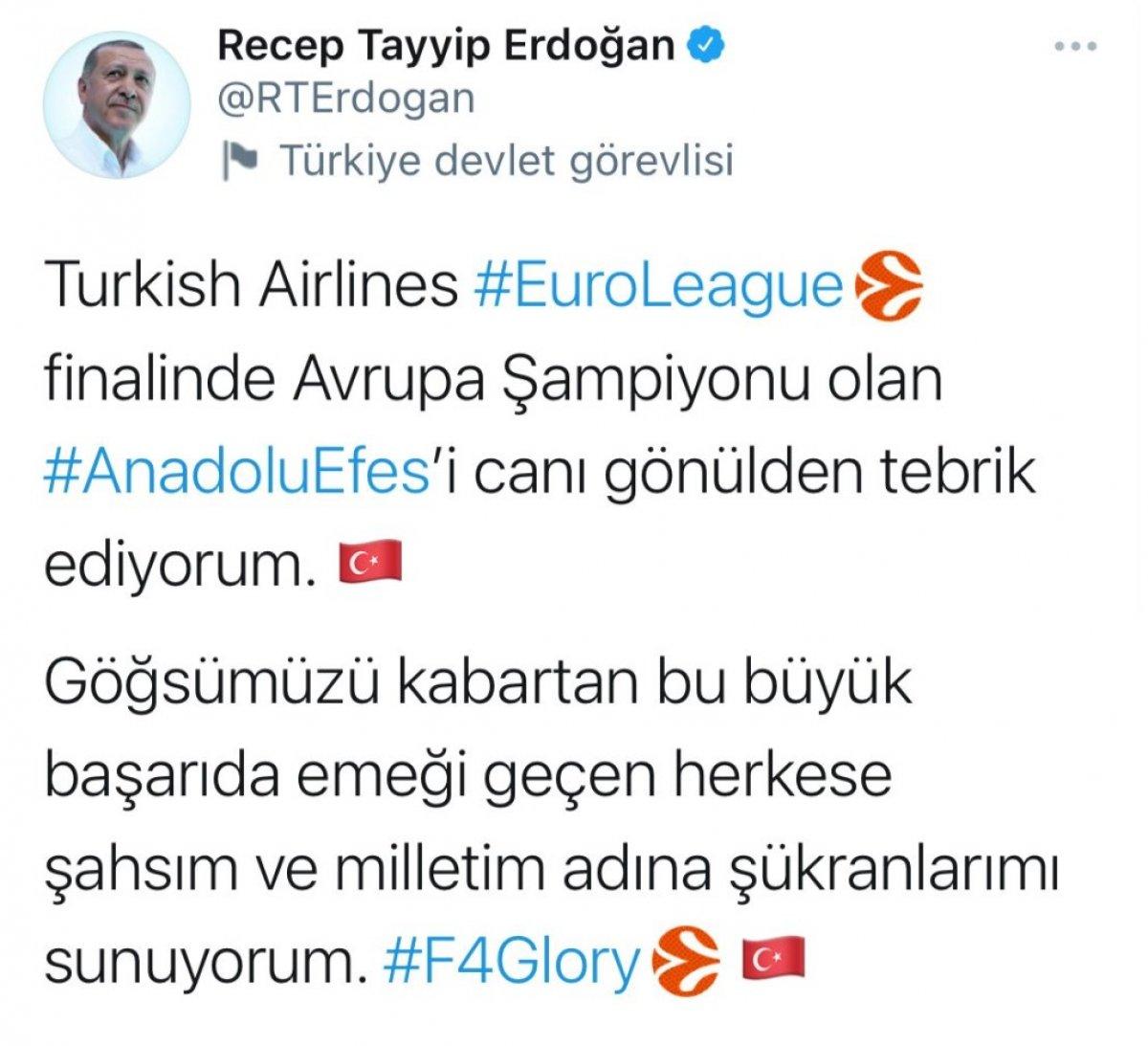 Cumhurbaşkanı Erdoğan'dan Anadolu Efes'e tebrik
