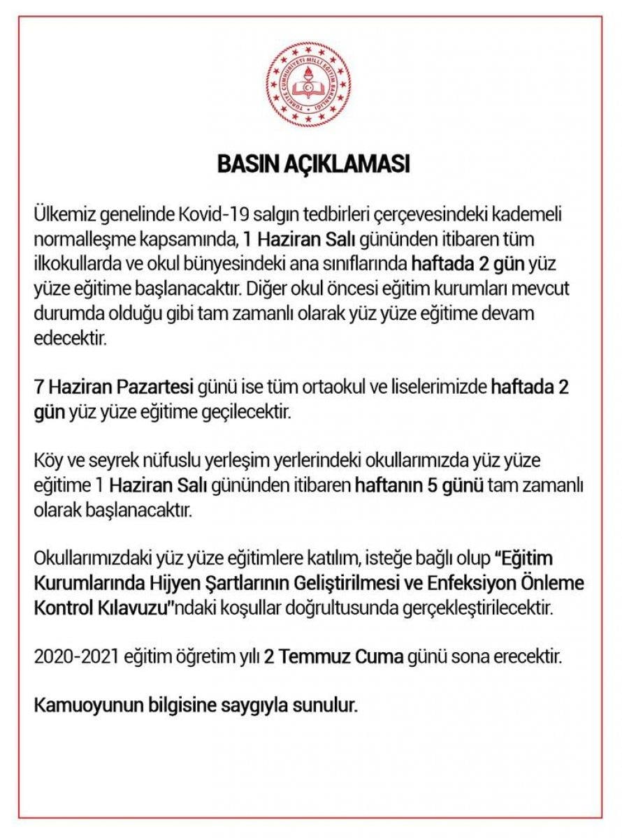 Yüz yüze eğitimin başlayacağı tarih belli oldu