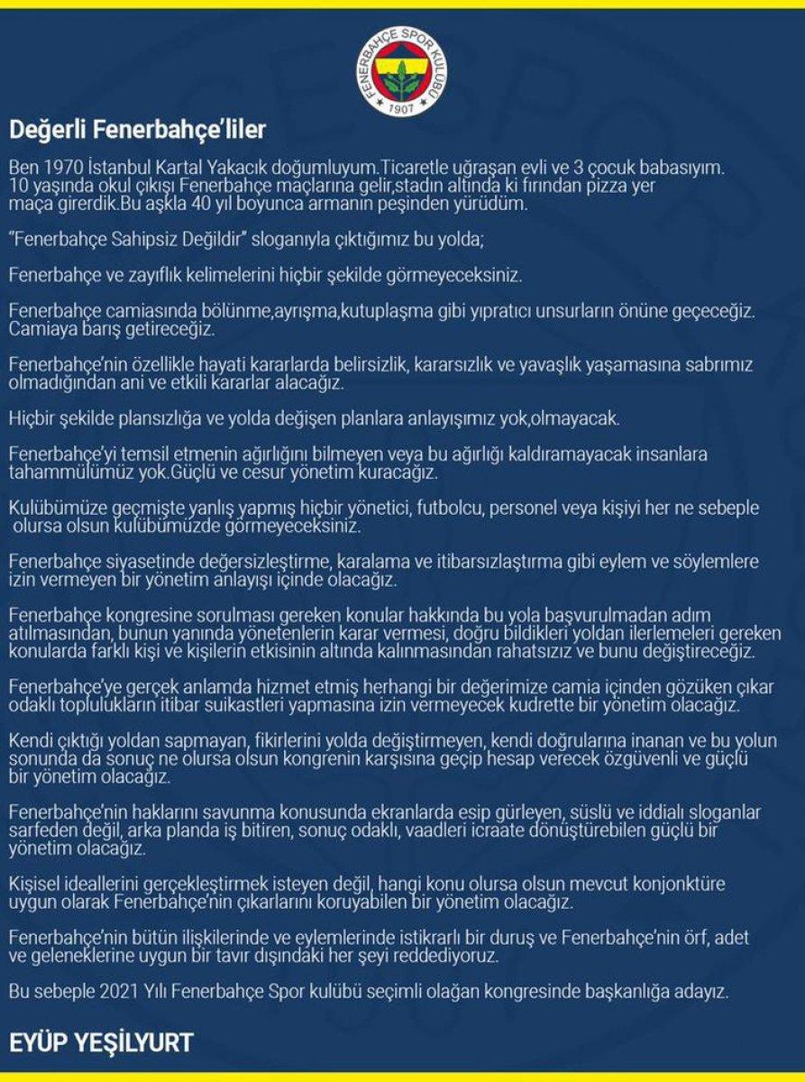 Fenerbahçe’de Eyüp Yeşilyurt başkan adaylığını duyurdu