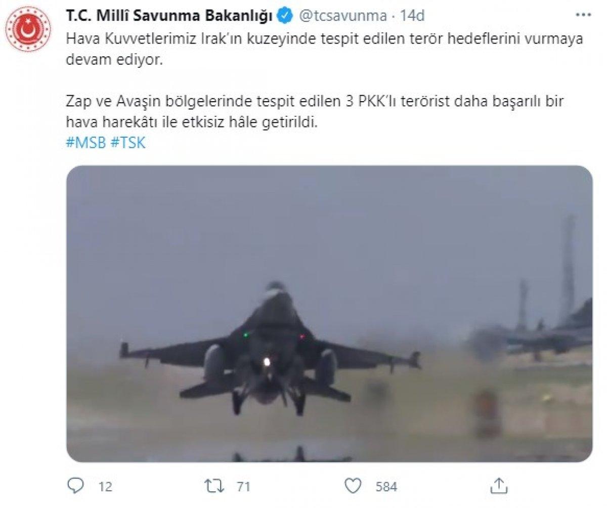 Zap ve Avaşin bölgelerinde 3 terörist öldürüldü