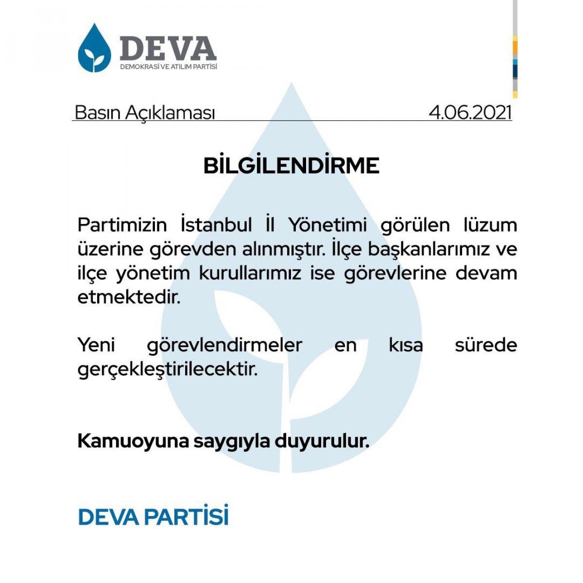 DEVA Partisi İstanbul İl Yönetimi görevden alındı