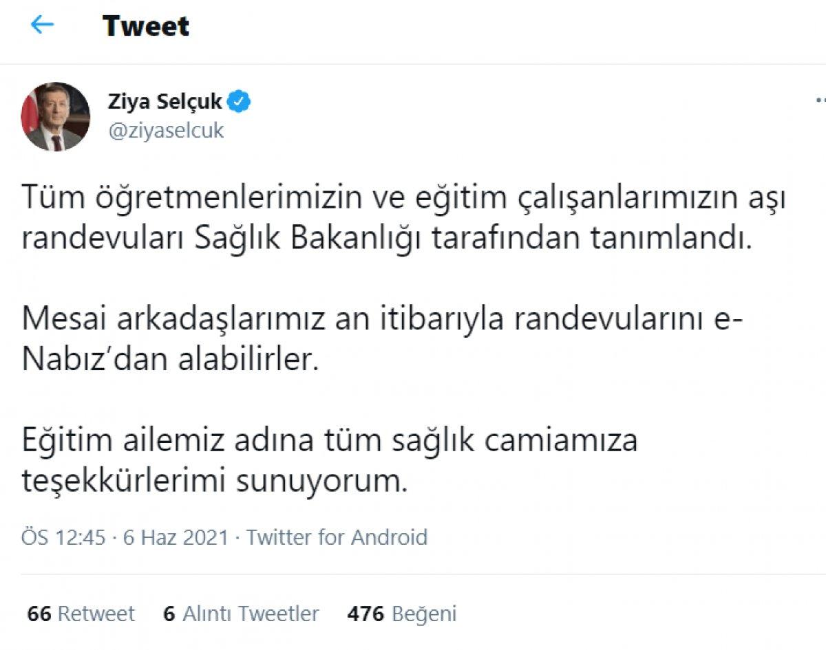 Ziya Selçuk: Tüm öğretmenlerimizin aşı randevuları tanımlandı