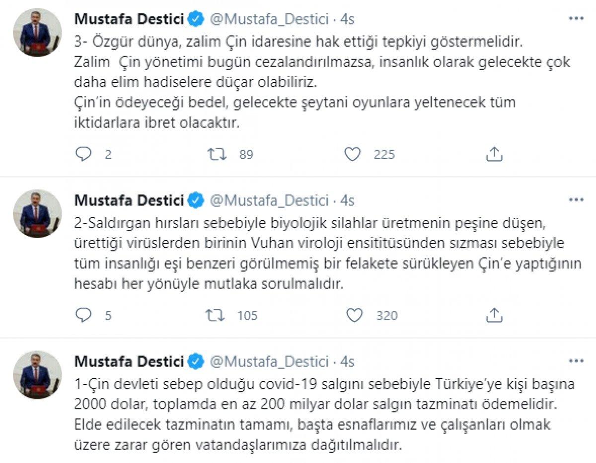 Mustafa Destici, Çin'den tazminat istedi