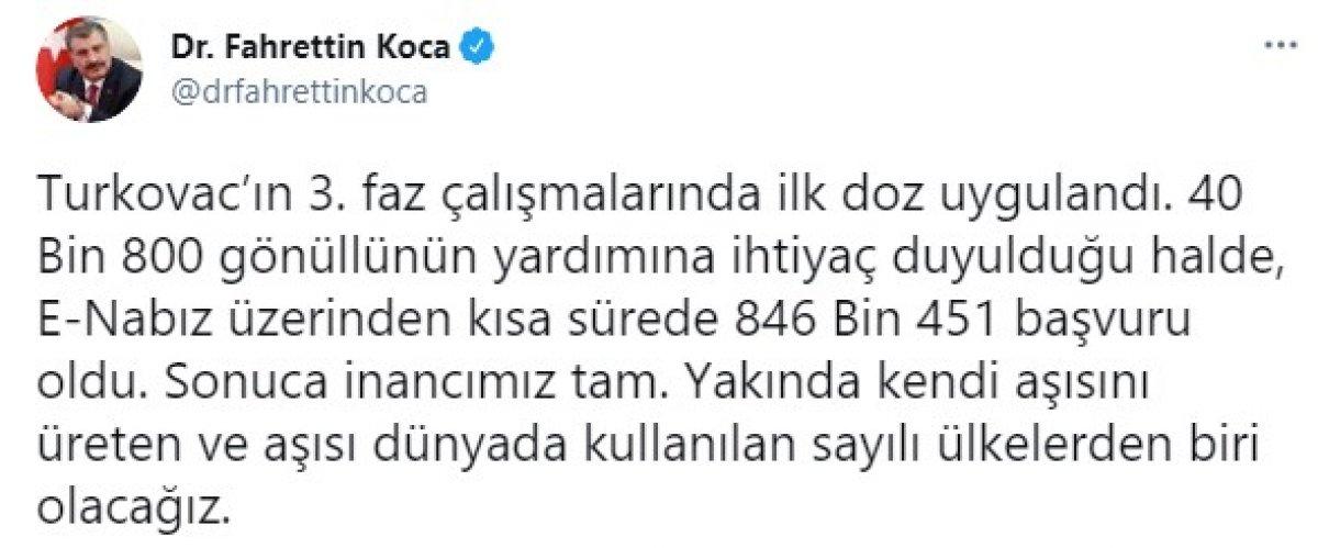Fahrettin Koca duyurdu: Turkovac'ın ilk dozu yapıldı