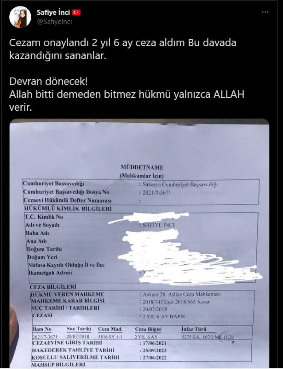 Atatürk'e hakaret eden Safiye İnci, 2 yıl 6 ay hapis cezası aldı