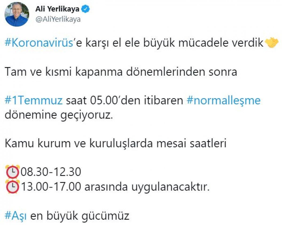 Ali Yerlikaya'dan mesai saati paylaşımı