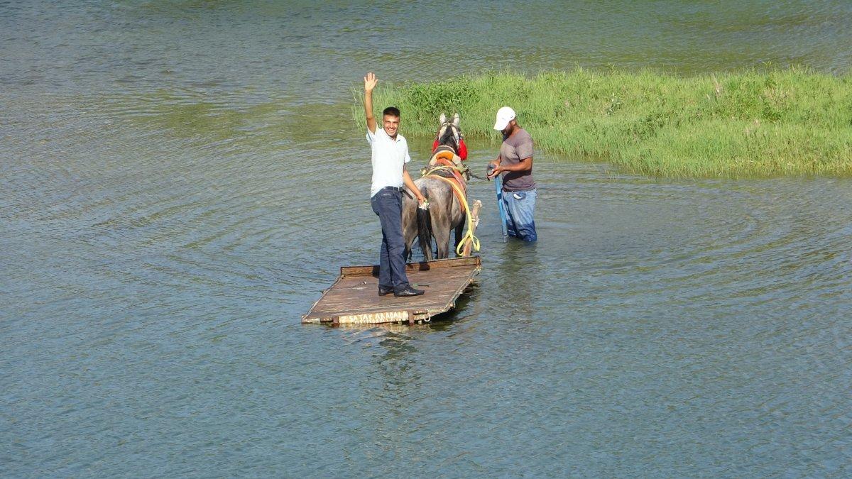 Adana’da sıcaktan bunalan at, nehir sularında serinledi