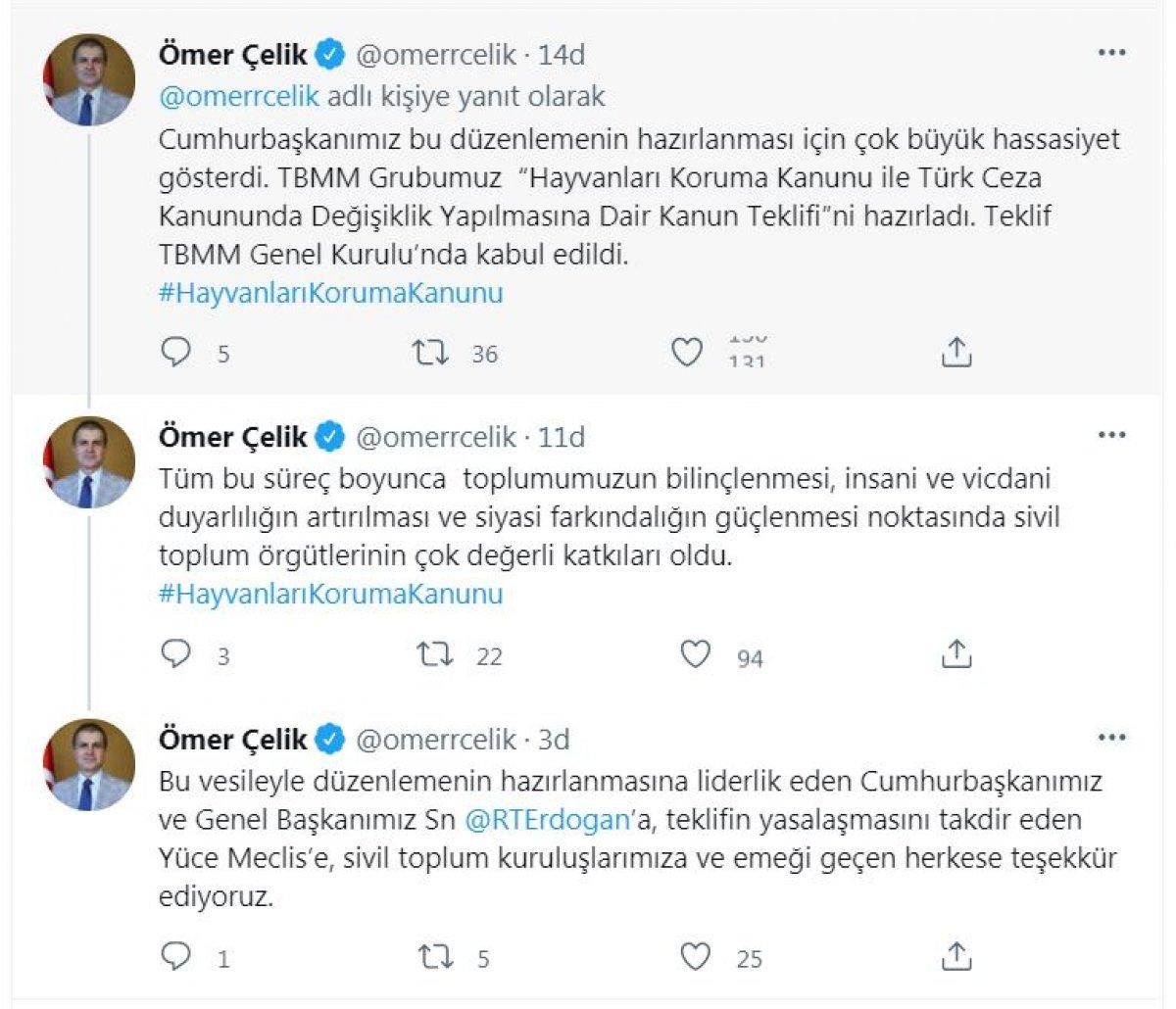 Ömer Çelik'ten 'Hayvanları Koruma Kanunu' için teşekkür mesajı