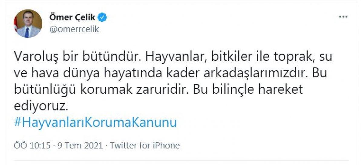 Ömer Çelik'ten 'Hayvanları Koruma Kanunu' için teşekkür mesajı