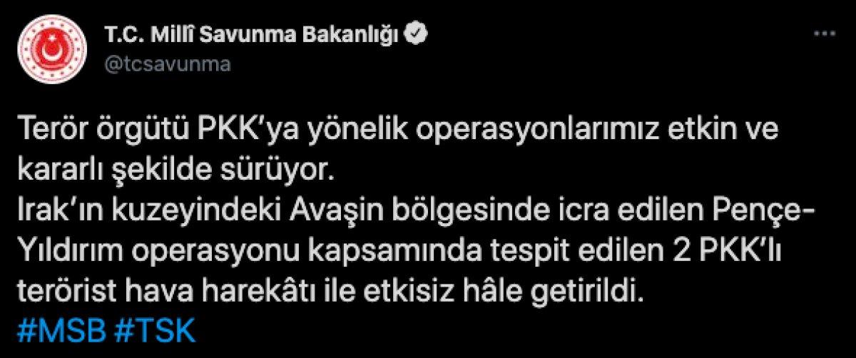 MSB: 2 PKK'lı terörist, hava harekatıyla etkisiz hale getirildi
