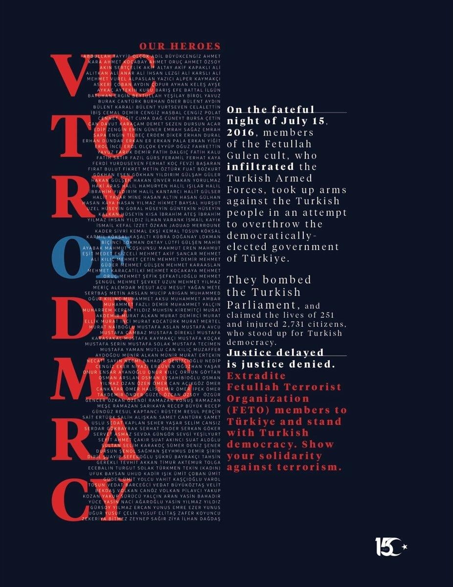 15 Temmuz için 15 ülkede gazete ilanı yayınladı