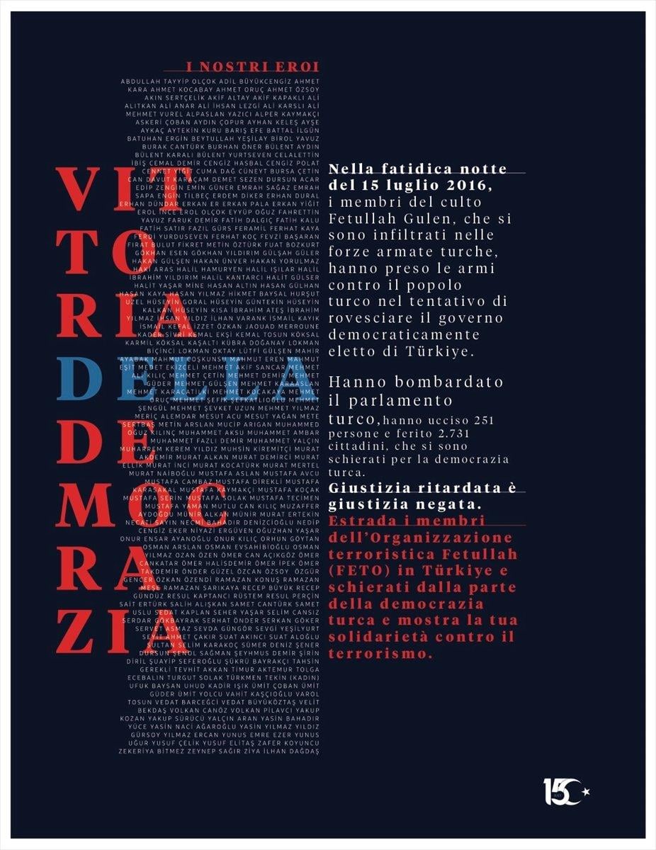 15 Temmuz için 15 ülkede gazete ilanı yayınladı