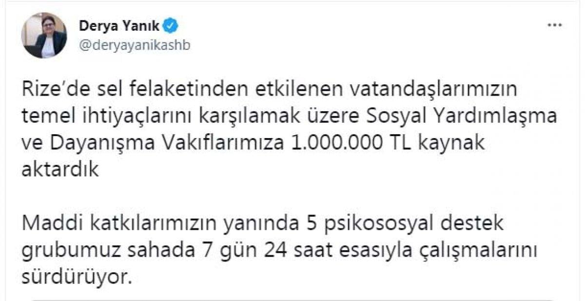 Derya Yanık: Rize'de selden etkilenenlere 1 milyon TL kaynak aktardık