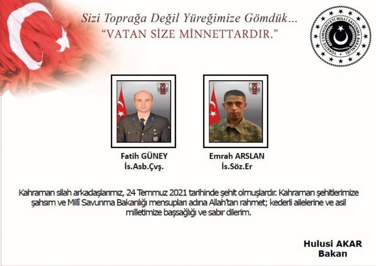 Fırat Kalkanı bölgesinde 2 asker şehit oldu