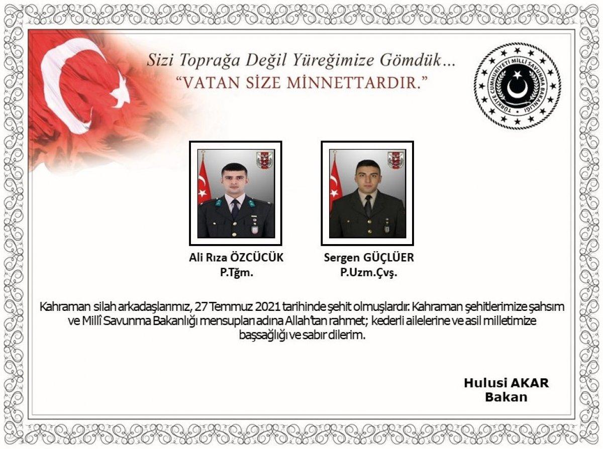 Hulusi Akar'dan şehitler için taziye mesajı