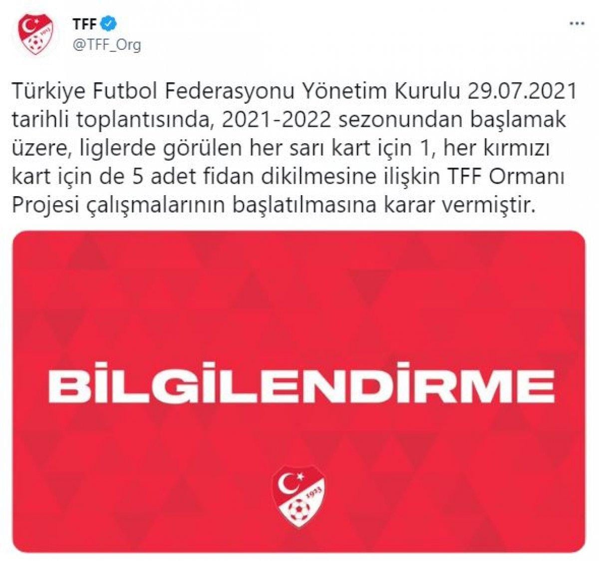 TFF: Yeni sezonda kart başına fidan dikilecek