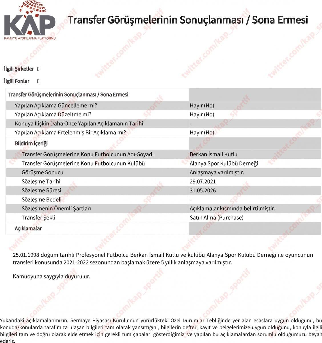 Galatasaray Berkan İsmail Kutlu'yu borsaya bildirdi