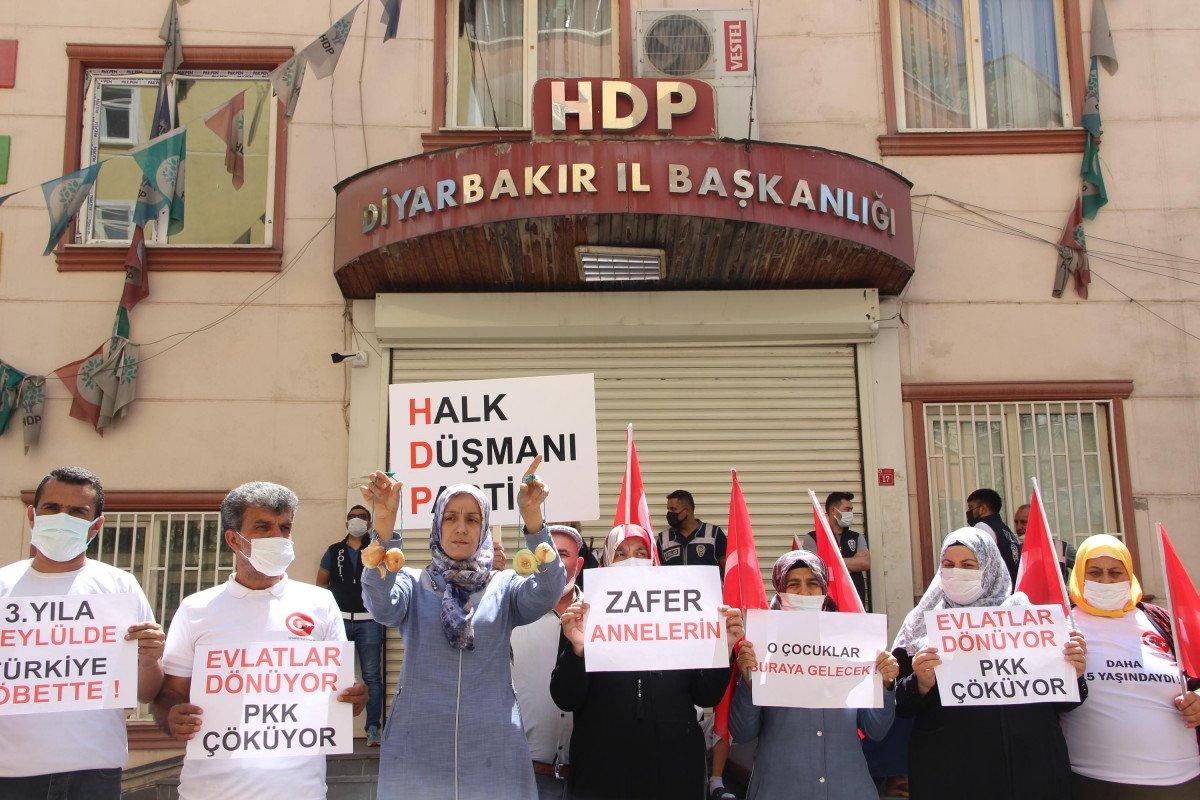 Evladına kavuşan Ayşegül Biçer, HDP binasına soğan astı