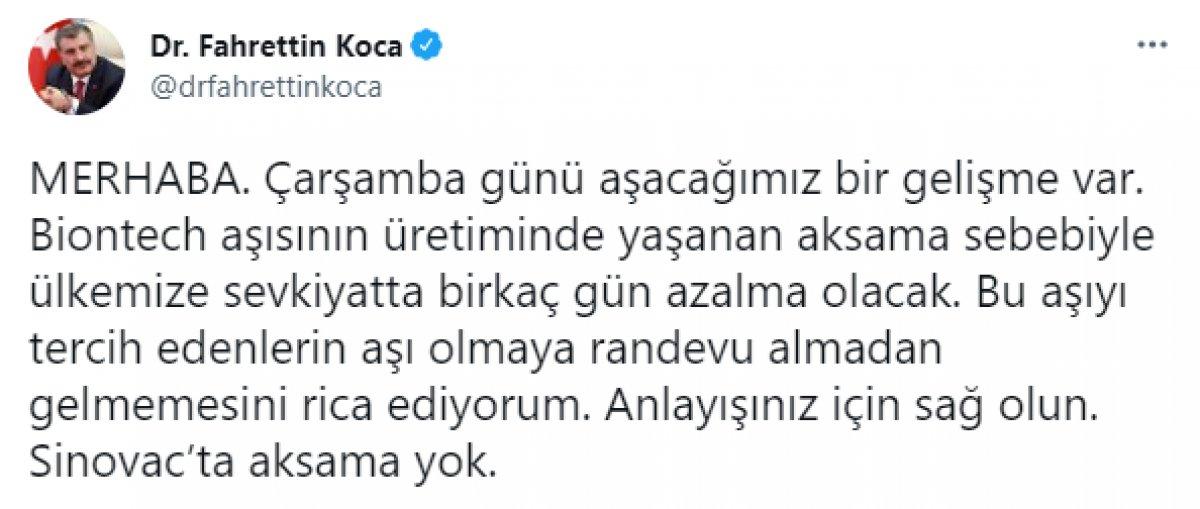 Fahrettin Koca: BioNTech'in sevkiyatında birkaç gün azalma olacak