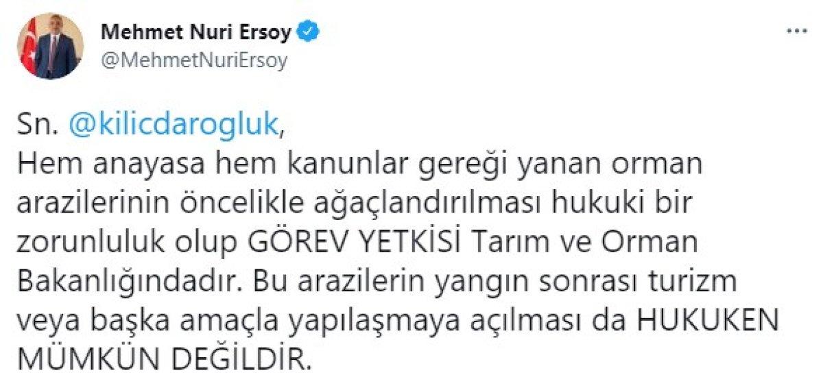Mehmet Nuri Ersoy'dan Kemal Kılıçdaroğlu'na yanan orman arazileri yanıtı