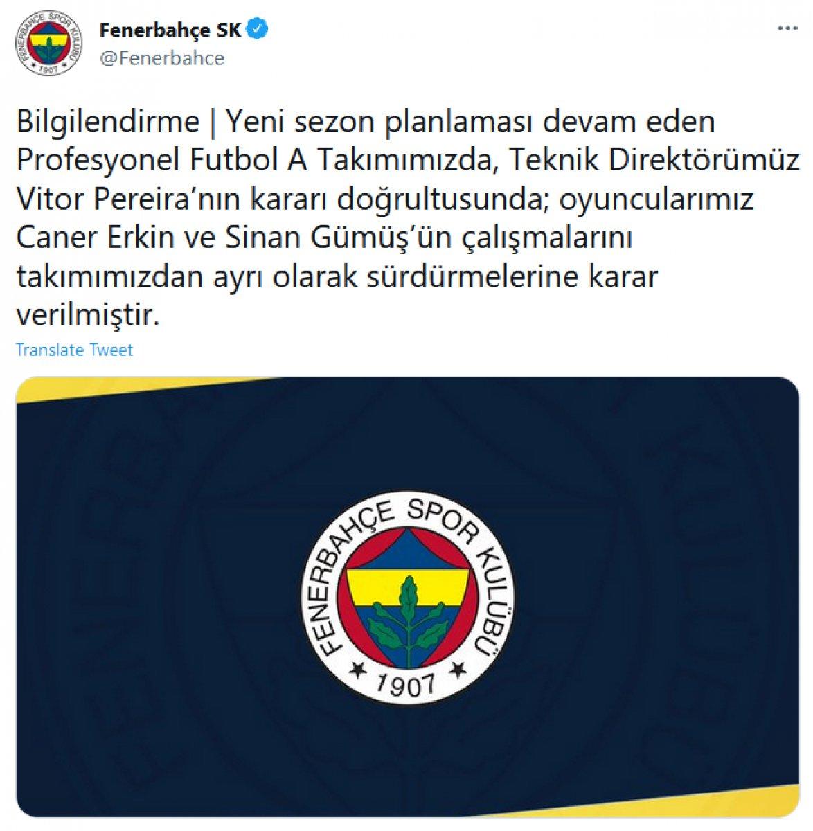 Fenerbahçe'de Sinan Gümüş ve Caner Erkin kadro dışı bırakıldı