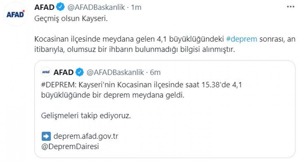 Kayseri'de 4,1 büyüklüğünde deprem
