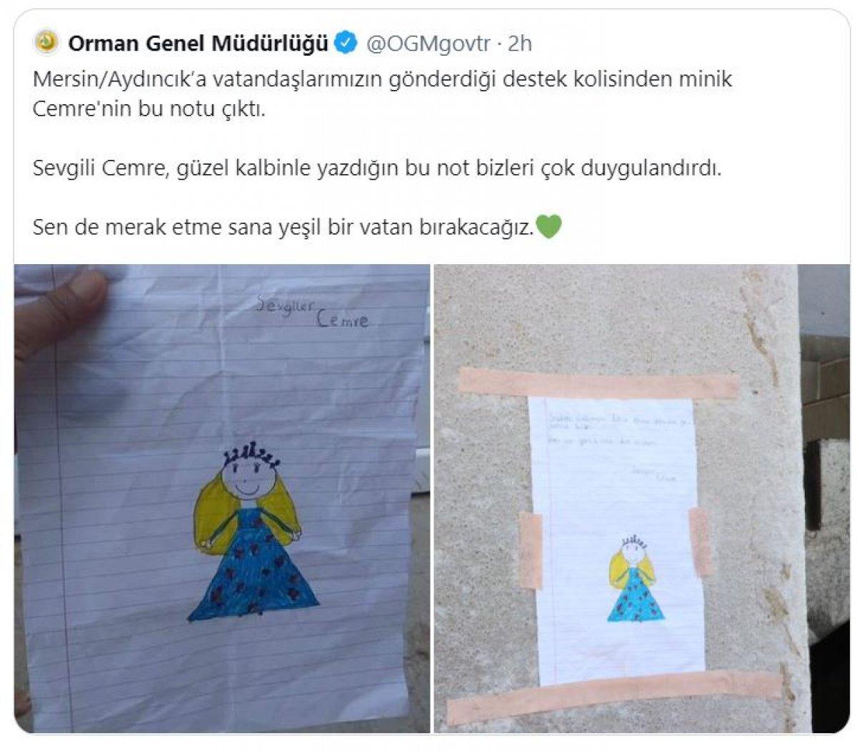 Fahrettin Altun, destek kolisinden çıkan minik Cemre'nin notunu paylaştı