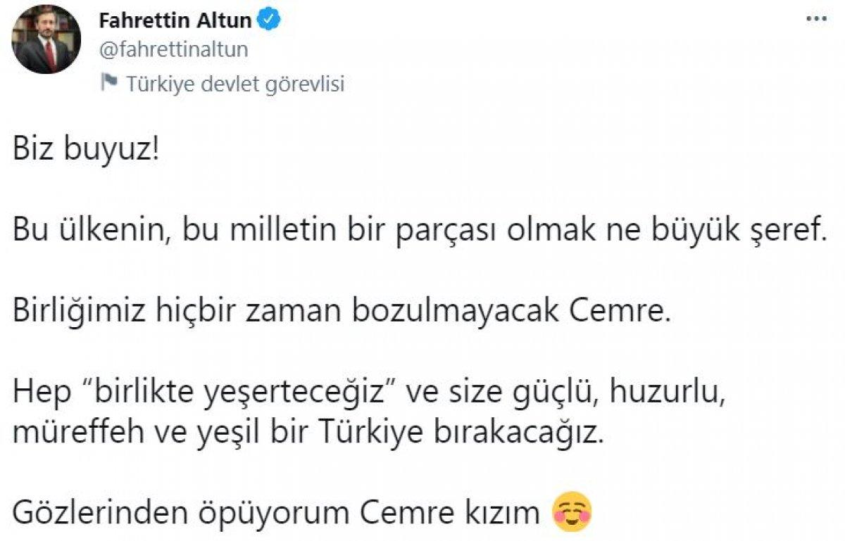 Fahrettin Altun, destek kolisinden çıkan minik Cemre'nin notunu paylaştı
