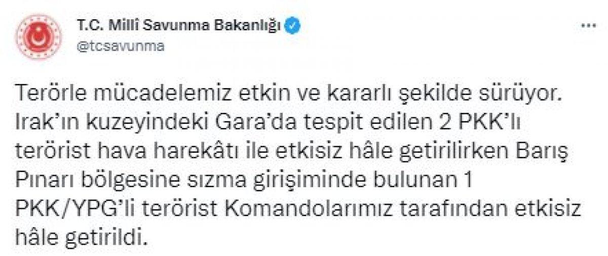 Irak'ta 2, Barış Pınarı bölgesinde 1 terörist etkisiz hale getirildi