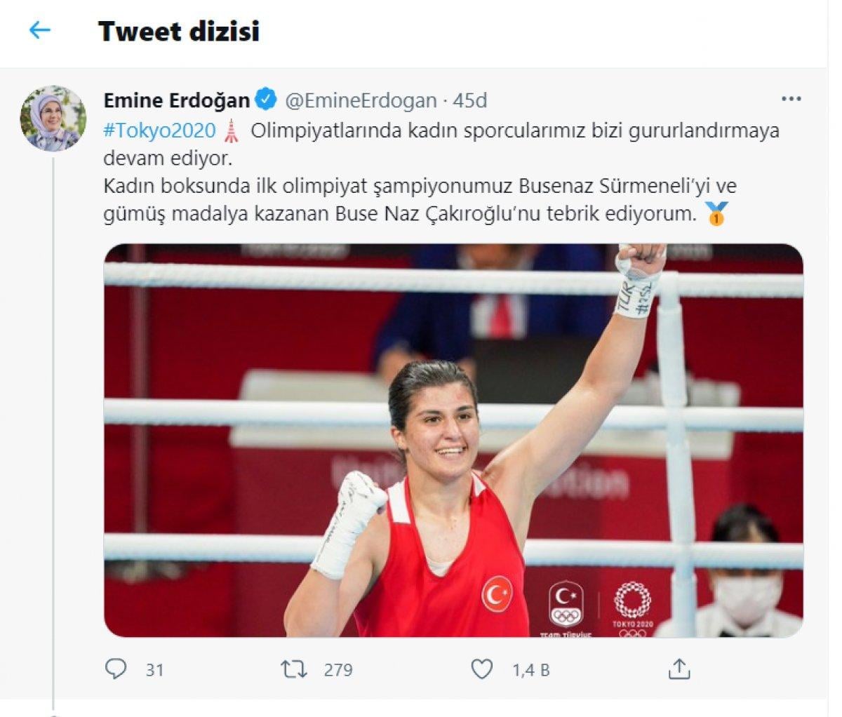 Emine Erdoğan madalya alan Buse Naz Çakıroğlu ve Buse Naz Sürmeneli'yi tebrik etti