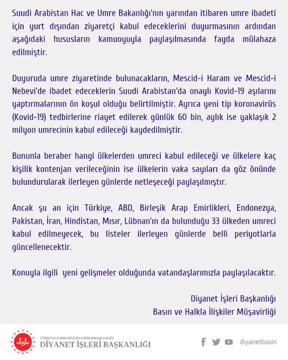 Diyanet: Türkiye'den umre için ziyaretçi kabul edilmeyecek