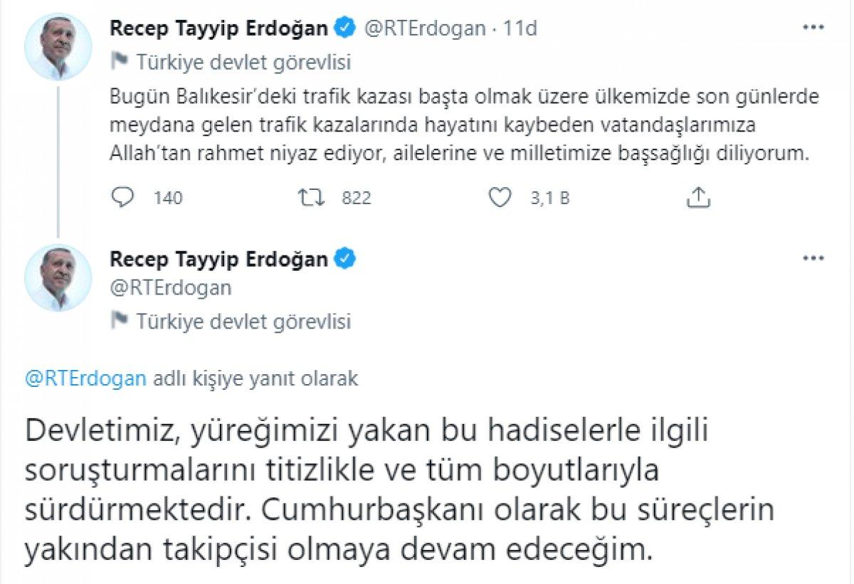 Cumhurbaşkanı Erdoğan'dan kazada hayatını kaybedenler için taziye mesajı