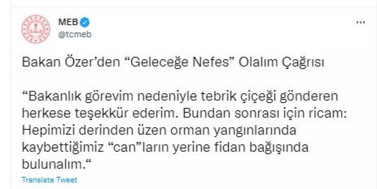 Milli Eğitim Bakanı Mahmut Özer’den fidan bağışı çağrısı