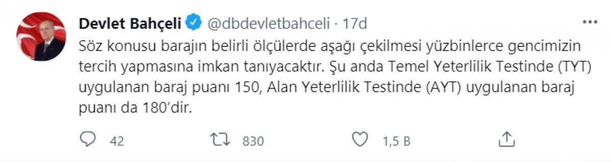 Devlet Bahçeli: Üniversite sınavları kaldırılsın, baraj düşürülsün