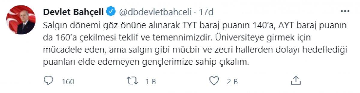 Devlet Bahçeli: Üniversite sınavları kaldırılsın, baraj düşürülsün