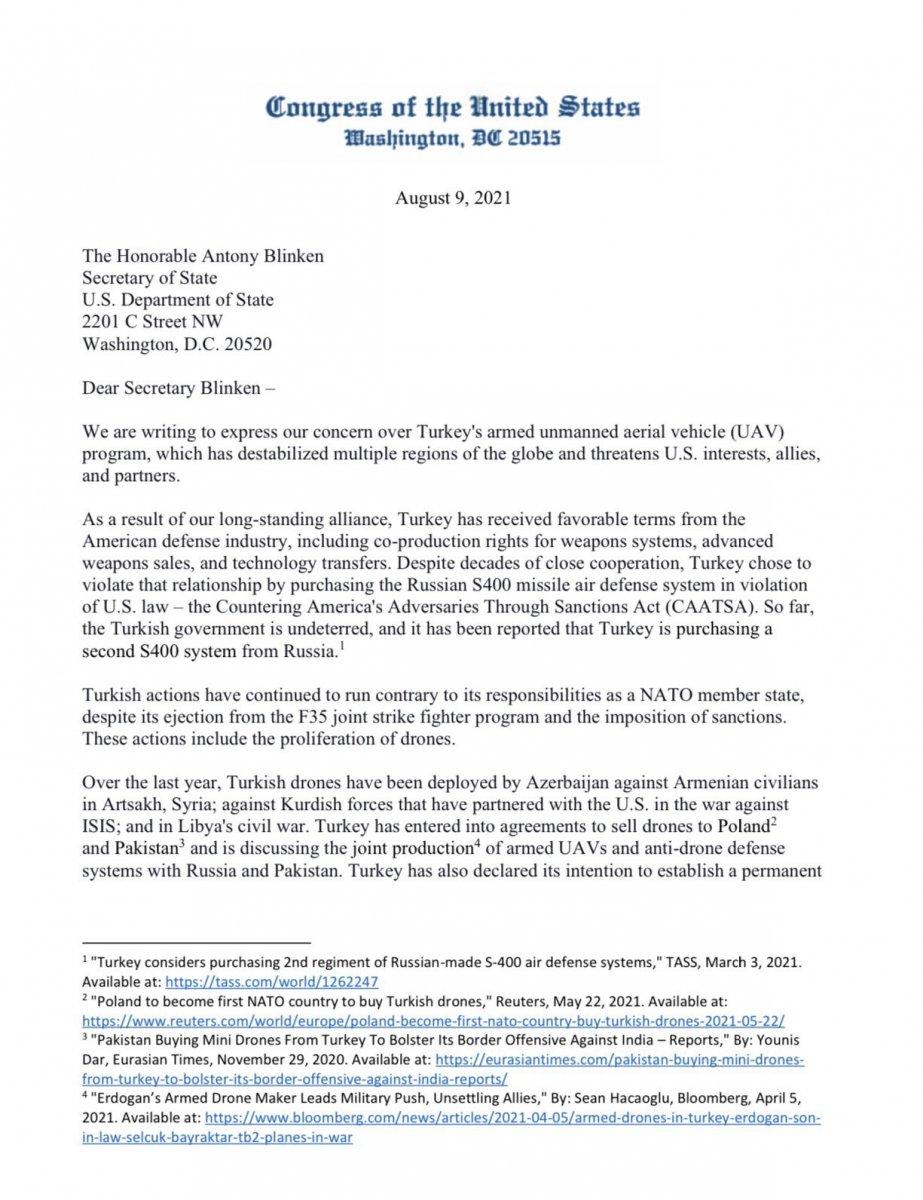 ABD'li vekillerden, Blinken'e İHA ve SİHA mektubu