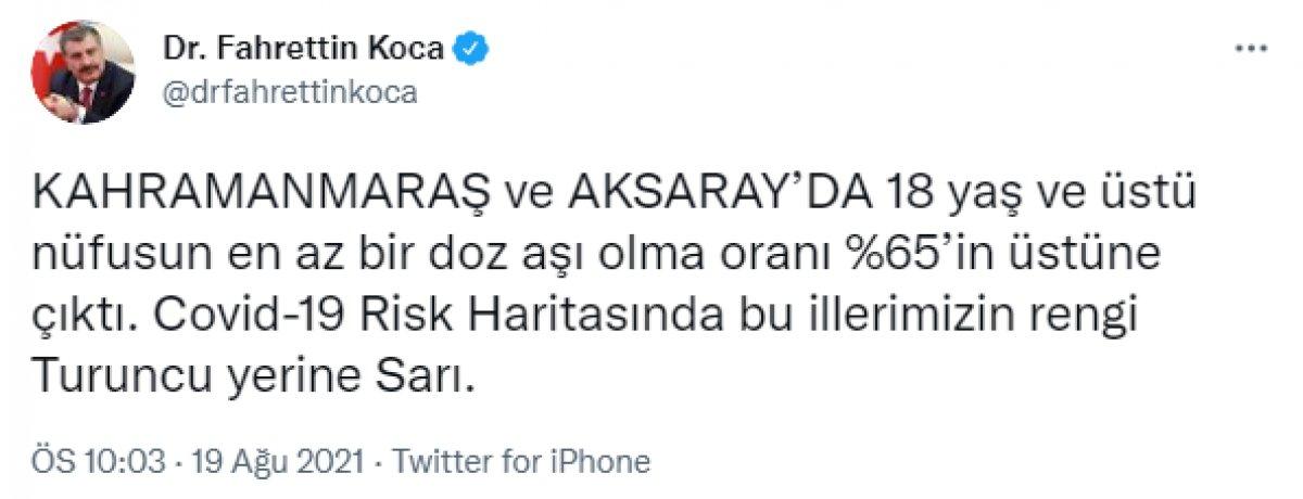 Sağlık Bakanı Fahrettin Koca: 2 ilimiz sarı oldu