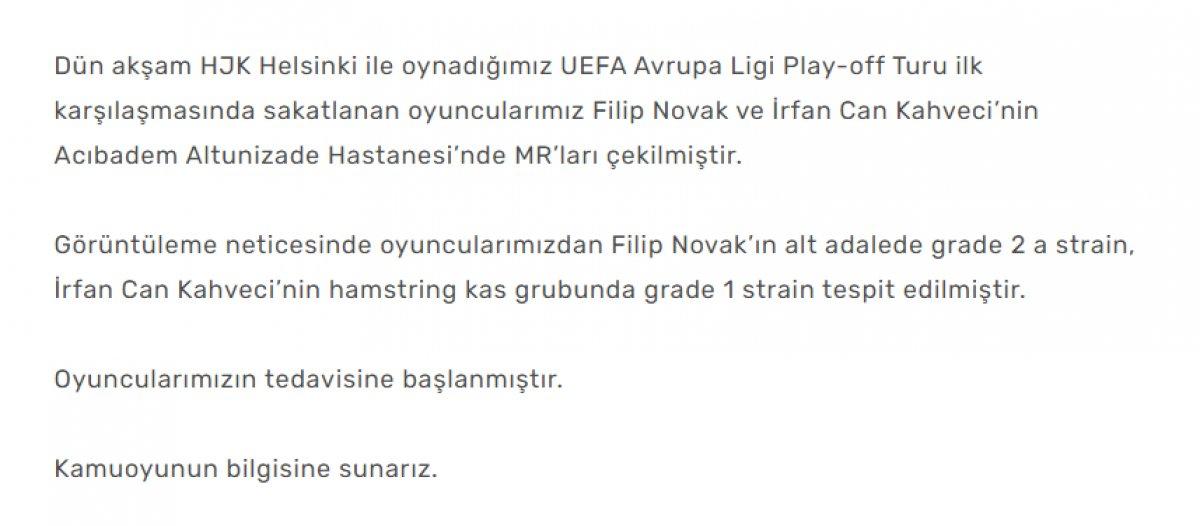 Fenerbahçe'den 2 oyuncusuyla ilgili sakatlık açıklaması