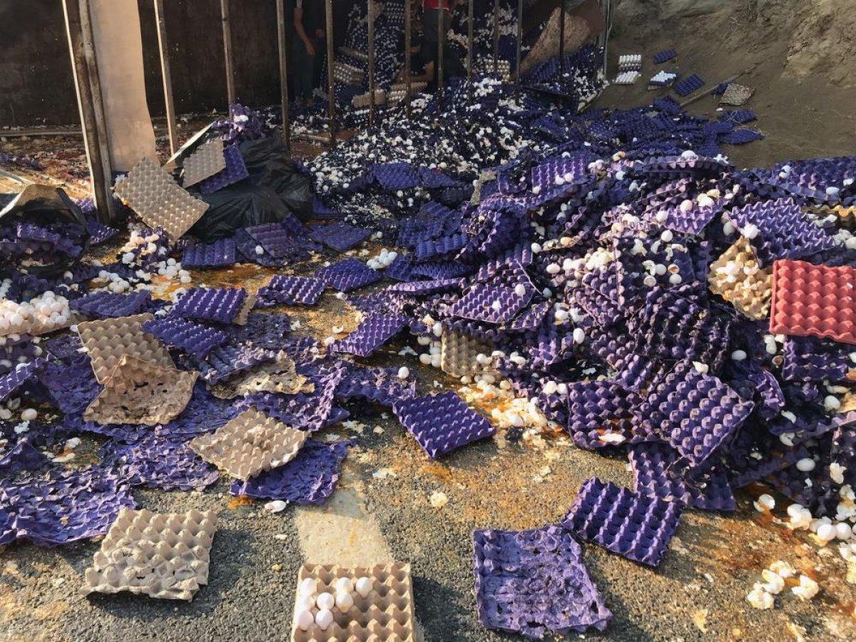 Riva'da yumurta yüklü kamyon devrildi
