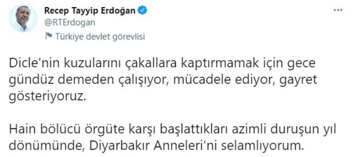 Cumhurbaşkanı Erdoğan'dan Diyarbakır'daki evlat nöbetinin yıl dönümü paylaşımı