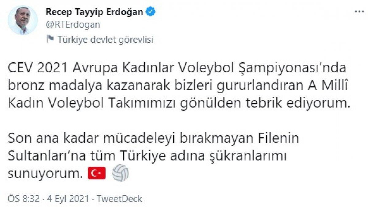 Cumhurbaşkanı Erdoğan'dan Filenin Sultanları'na tebrik