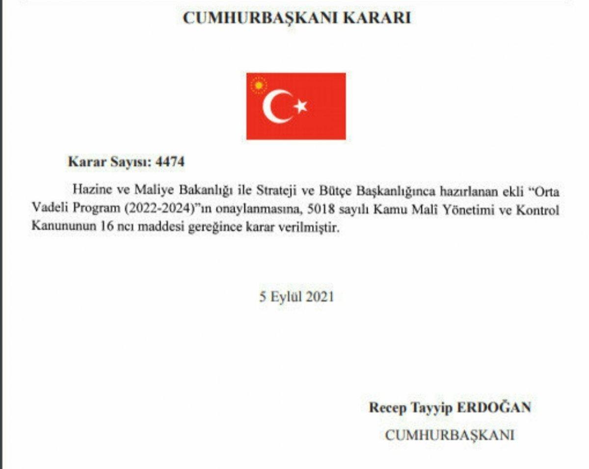 Orta Vadeli Program'ın onaylanmasına ilişkin Cumhurbaşkanı Kararı Resmi Gazete'de