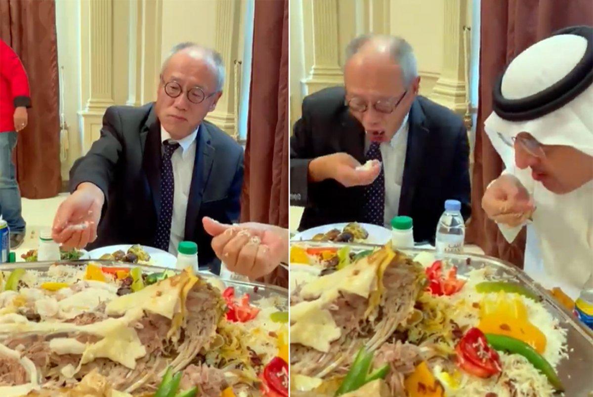 Japon Büyükelçi Fumio, Suudi Arabistan'da eliyle pilav yedi