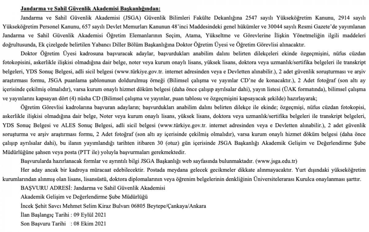 Jandarma ve Sahil Güvenlik Akademisine 15 akademisyen alımı yapılacak