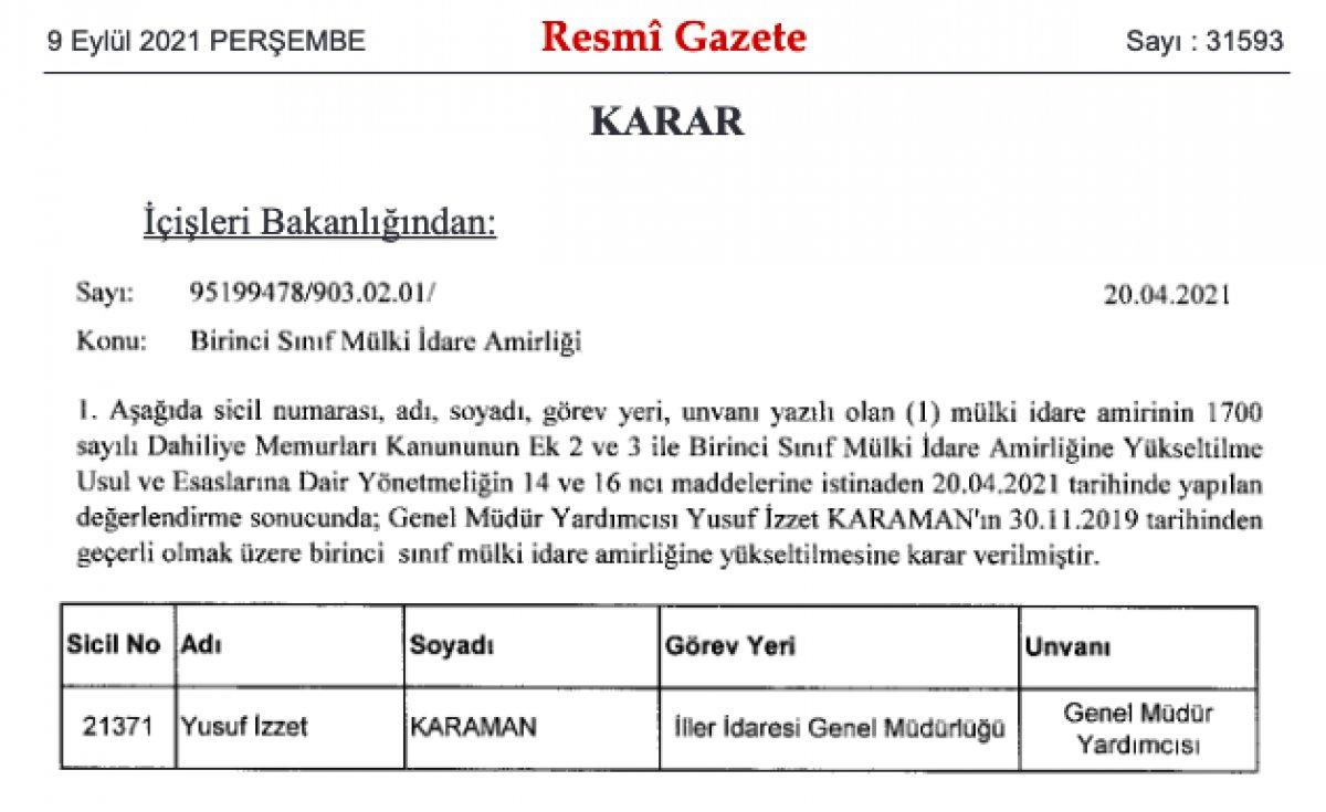 Birinci sınıf mülki idare amirliğine yükseltme kararı Resmi Gazete'de