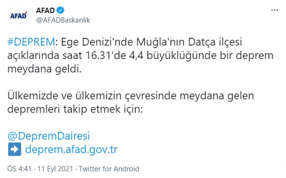 Datça açıklarında 4.4 büyüklüğünde deprem meydana geldi