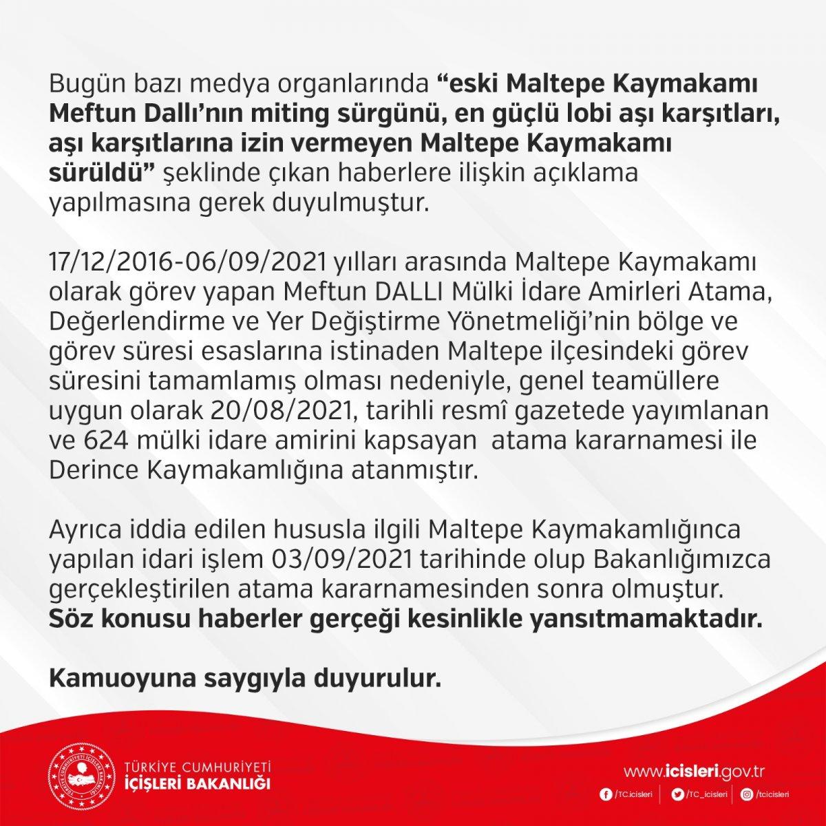 İçişleri Bakanlığı: Eski Maltepe Kaymakamı Meftun Dallı, sürgün edilmedi